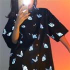 Short-sleeve Stand-collar Reflective Butterfly Print Shirt Black - One Size