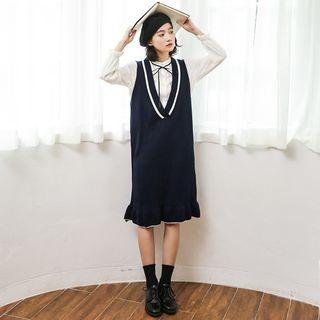 V-neck Ruffle Hem Sleeveless Knit Dress