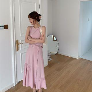 Slit-back Sleeveless Top / Shirred Midi A-line Skirt