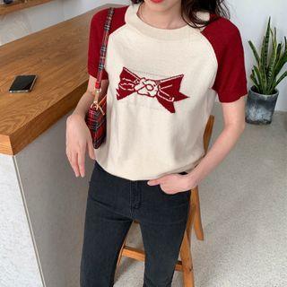 Raglan-sleeve Bow-print Knit Top
