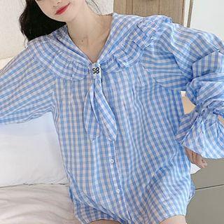 Long-sleeve Ruffled Plaid Shirt Blue - One Size