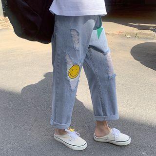 Print Distressed Cropped Straight Leg Jeans