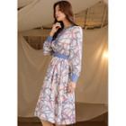 Open-placket Chain-patterned Midi Dress With Belt