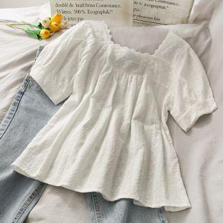 Wave-trim Puff-sleeve Loose Top White - One Size