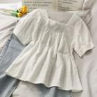 Wave-trim Puff-sleeve Loose Top White - One Size