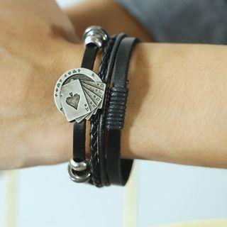 Stainless Steel Poker Card Leather Layered Bracelet 1409 - Black & Silver - One Size