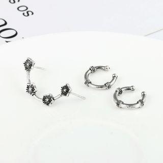 Set: Flower Alloy Earring + Cuff Earring Set Of 1 Pair & 1 Pc - Silver - One Size