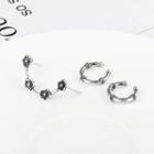 Set: Flower Alloy Earring + Cuff Earring Set Of 1 Pair & 1 Pc - Silver - One Size