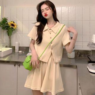 Short-sleeve Collar Asymmetrical Top / Wide Leg Shorts