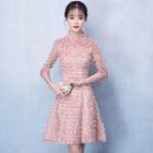 Elbow-sleeve Mandarin Collar Mini A-line Dress