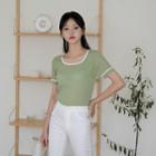 Square-neck Piped Knit Top