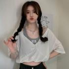 Mock Two-piece Elbow-sleeve Twist-front Cropped T-shirt