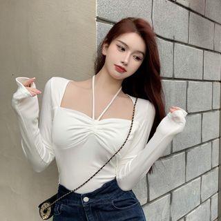 Long Sleeve Halter Plain Irregular Crop Top