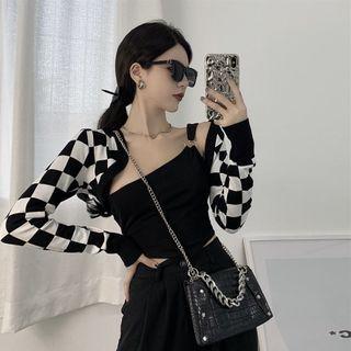 One-shoulder Asymmetrical Knit Crop Tank Top / Checkerboard Shrug