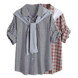 Elbow Sleeve Inset Scarf Pinstripe Shirt