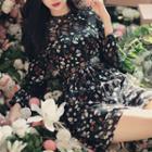 Long-sleeve Lace-panel Floral Dress