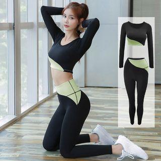 Set: Long-sleeve Two-tone Sports Crop Top + Yoga Pants