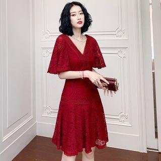 Short-sleeve Lace V-neck A-line Mini Dress