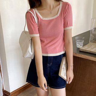 Short-sleeve Square Neck Two Tone Trim Cropped Cardigan