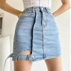 High-waist Belt-accent A-line Mini Denim Skirt