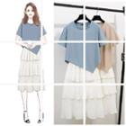 Short-sleeve Asymmetrical T-shirt / Layered Midi A-line Skirt