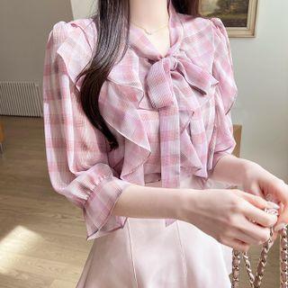 Scarf-neck Plaid Chiffon Blouse