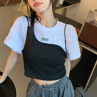 Set: Short-sleeve T-shirt + Camisole Top Set Of 2 - T-shirt & Camisole Top - Black & White - One Size