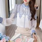 Frill Trim Stand Collar Long Sleeve Print Blouse