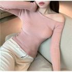 One-shoulder Ribbed Knit Top Pink - One Size