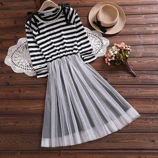 Long-sleeve Striped Knit Overlay Dress