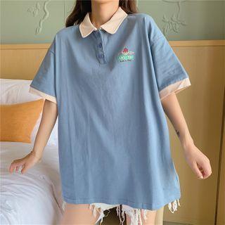 Contrast Trim Collard Short-sleeve T-shirt