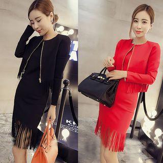 Set: Fringed Hem Sheath Dress + Fringed Hem Zip Jacket
