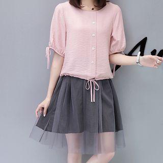 Set: Elbow-sleeve Blouse + Spaghetti-strap Mesh Dress