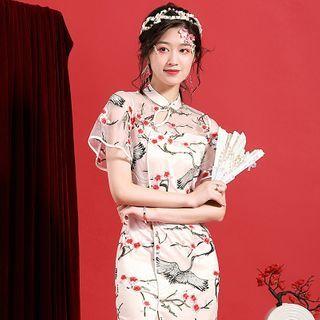 Short-sleeve Embroidered Mesh Slit Midi Qipao