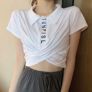 Short-sleeve Letter Embroidered Cropped Polo Shirt