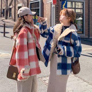 Faux-shearling Collar Plaid Knit Jacket