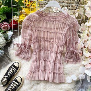 Bell-sleeve Ruched Lace Panel Blouse