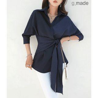 Strappy Wrap Pinstripe Shirt Navy Blue - One Size