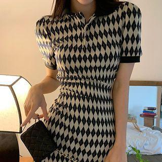 Short-sleeve Argyle Mini Polo Shirt Dress Argyle - Black & White - One Size