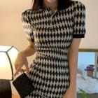 Short-sleeve Argyle Mini Polo Shirt Dress Argyle - Black & White - One Size
