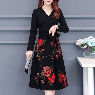 V-neck Long-sleeve Floral Print A-line Dress