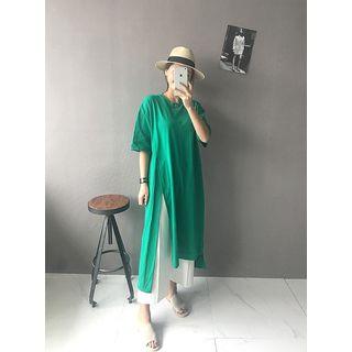Slit-front Elbow Sleeve Long T-shirt