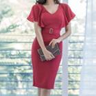 Short-sleeve V-neck Belted Sheath Dress