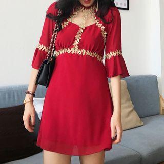 Lace Trim Bell-sleeve A-line Dress