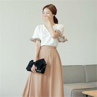 Contrasted Ruffle Sleeve Blouse