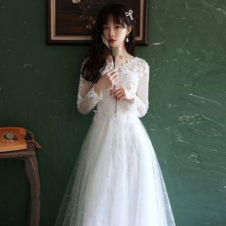 Long-sleeve Floral Lace A-line Evening Gown