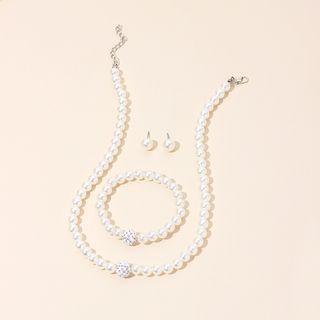 Set Of 3: Faux Pearl Necklace + Bracelet + Earring Set Of 3 - White - One Size