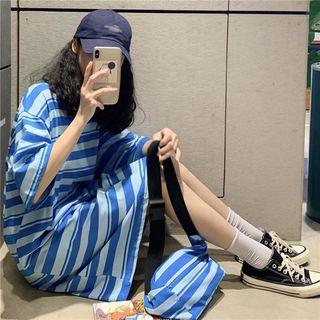Set: Striped Loose-fit Short-sleeve Dress + Waist Bag