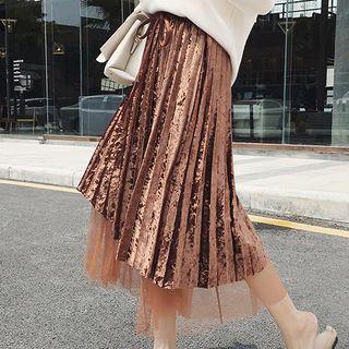 Mesh Panel Midi A-line Pleated Velvet Skirt