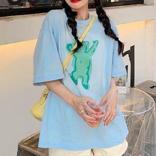 Elbow-sleeve Bear Print T-shirt Bear Print - Blue - One Size